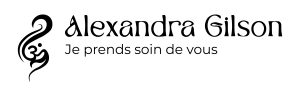 Logo, présentant le symbole de la société et la mention : "Alexandra Gilson, shiatsu, hypnose, kinesiologie, réflexologie"